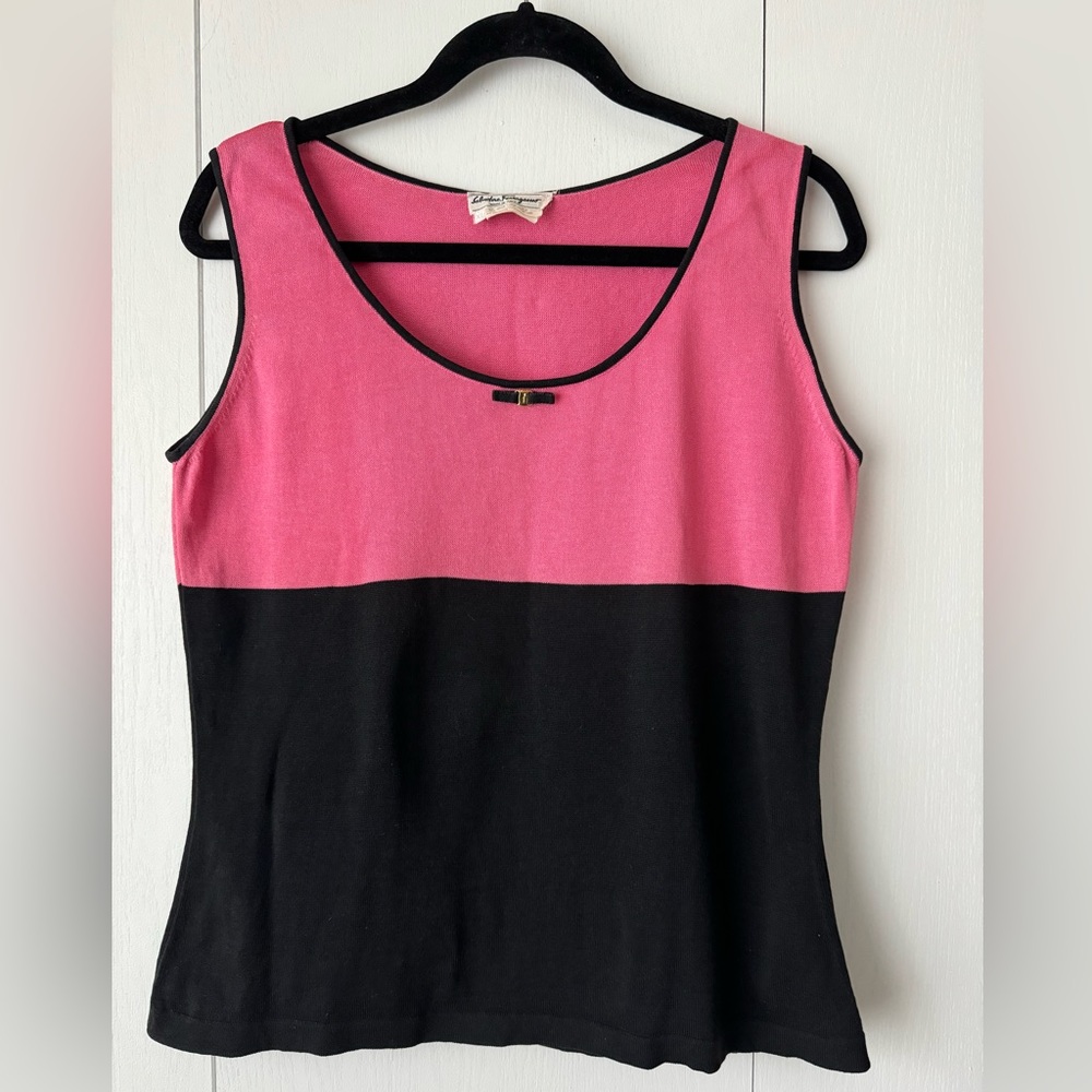 VTG Salvatore Ferragamo Pink Midnight Blue Knit Logo Bow Tank Size Xl